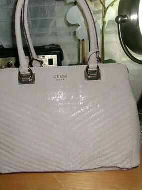 GUESS 1981 Quilted Light Gray Satchel with Polished Hardware